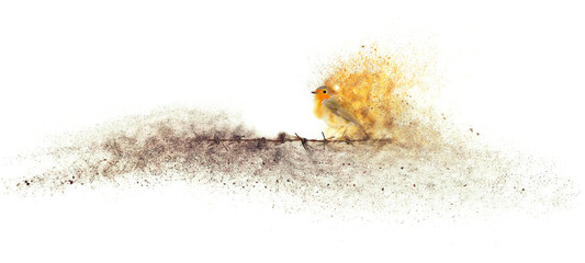 Robin. Abstract artistic nature. Dispersion, splatter effect. White background.