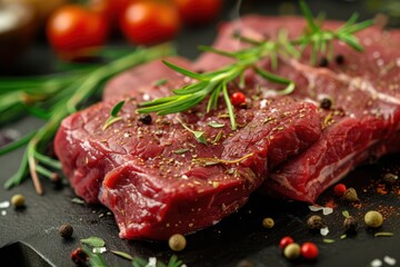 Fresh raw beef meat to make delicious juicy steak with spices and herbs. Preparation for grilled meat