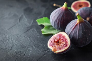 Fresh ripe figs on dark table. Healthy mediterranean fig fruit. Fresh figs on black background 