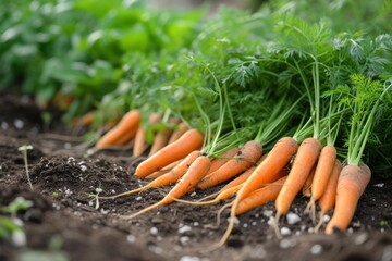 Freshly harvested carrots in organic vegetable garden, harvest at fall 