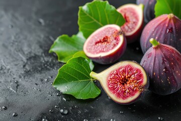 Fresh ripe figs on dark table. Healthy mediterranean fig fruit. Fresh figs on black background