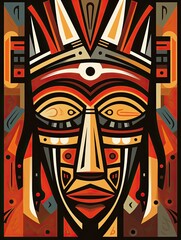 African Tribal Mask Designs: Abstract Landscape with Tribal Mask Abstraction