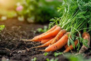 Freshly harvested carrots in organic vegetable garden, harvest at fall 