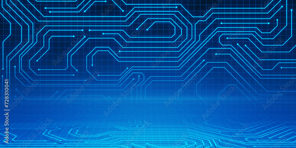Poster Abstract digital blue circuit grid texture. Landing page concept. Technology, innovation and ai concept. 3D Rendering.