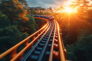 Sunset Ride A Rollercoaster Experience Generative AI - obrazy, fototapety, plakaty