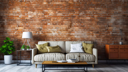3D render Artistic Interiors- Enhancing Spaces with Mock-Up Posters, Brick Textures, and Relaxation with Sofa Designs