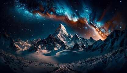 Beautiful Starry Night, Colorful Sky and Majestic Mountains under the Milky Way Galaxy, natural landscape background