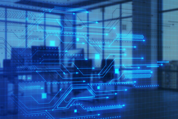 Creative digital blue circuit grid on blurry office interior background. Landing page concept. Technology, innovation and ai concept. Double exposure.