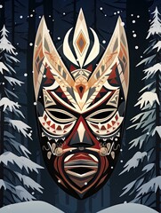African Tribal Mask Designs: Winter Scene Art with Contrasting Tribal Warmth