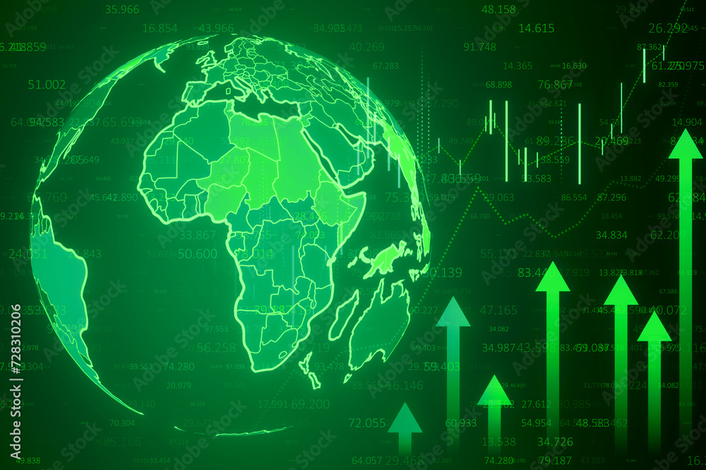 Aufkleber abstract growing business chart, globe and arrows on green background. financial growth and market c