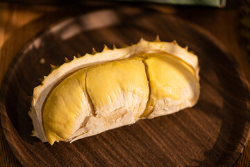 Ripe Durian special selectedcondition,on wood background. Durian fruit on a wooden table Fresh durian tasty durian in Thailand.