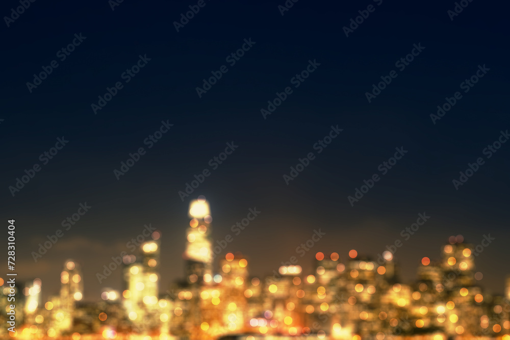 Poster abstract blurry bokeh lights night city background with mock up place. skyline and landing page conc