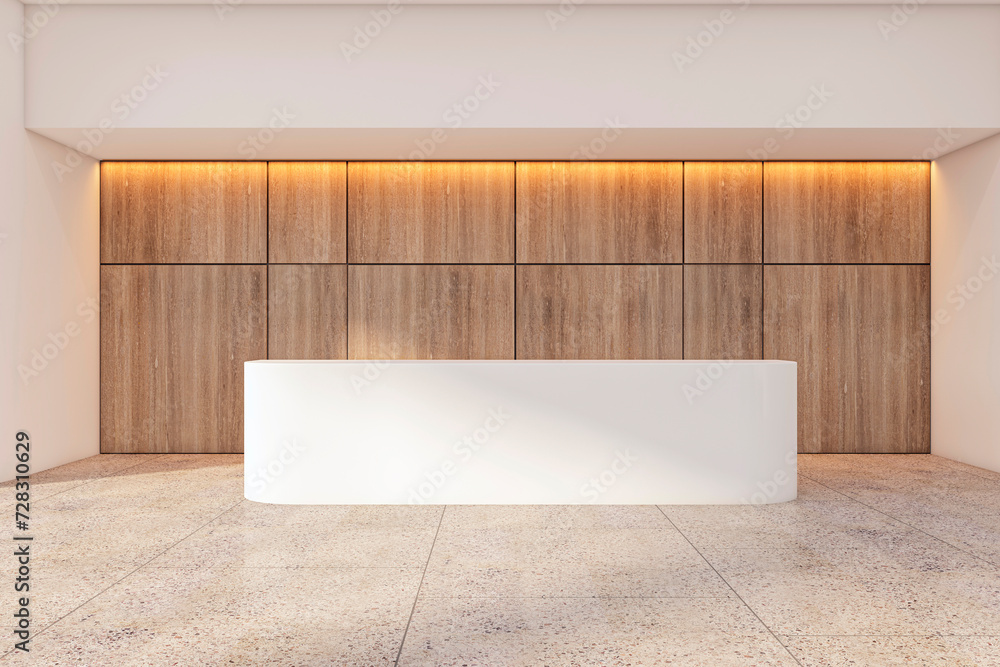 Poster modern reception with wooden backdrop and white curved desk, contemporary office design. 3d renderin