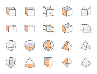 Geometric shapes flat line icons set. Abstract figures - cube, sphere, cone, prism vector illustrations. Thin signs for geometry education, prototype development. Orange Color. Editable Stroke
