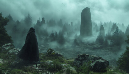Man in a Black Cloak Amidst Celtic Megaliths