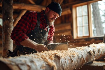 Mid adult builder grinding a log for a log cabin house.  - obrazy, fototapety, plakaty