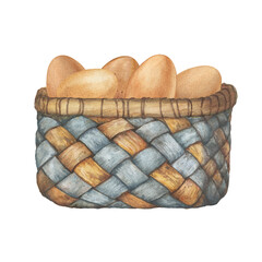 Vintage wicker birch bark basket with brown chicken eggs. Design for Easter celebration, rustic farmhouse decor. Hand drawn watercolor painting illustration isolated on white background