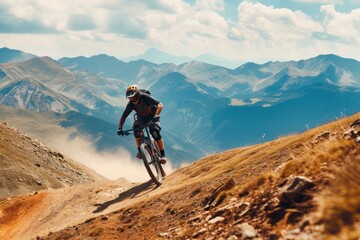 Fototapeta premium Mountain biker riding downhill in the mountains. 