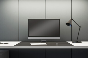 Modern workspace with computer and designer lamp on clean desk. Professional setup. 3D Rendering