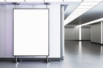 Single white screen on metallic stand in minimalist corridor, digital advertising space. 3D Rendering