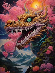 Fototapeta na wymiar Fire-Breathing Dragon Designs | Asian Dragon Festival Canvas Print Landscape Art