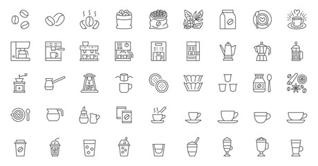 Coffee line icon set. Beans bag, roasting, turkish cezve, drip pods, percolator, chorreador, filters, capsules, espresso vector illustrations. Simple outline signs for cafe menu. Editable Stroke