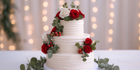 Tall exquisite, elegant handmade white cake with red roses on a holiday table. Copy space.