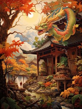 Asian Dragon Festival Art: Rustic Village Landscape Painting - Celebrating Dragon Festivals country-wide