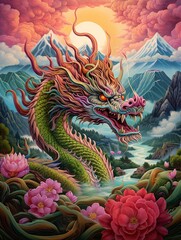 Asian Dragon Festival: Rolling Hills Art - Majestic Dragons Meandering Through Enchanting Terrains