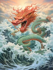 Fototapeta na wymiar Dragons Soaring Over Ocean Waves - Asian Dragon Festival Seascape Art Print