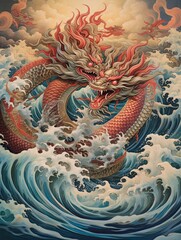 Fototapeta na wymiar Asian Dragon Festival Art: Dragons Soaring over Sea: Seascape Art Print