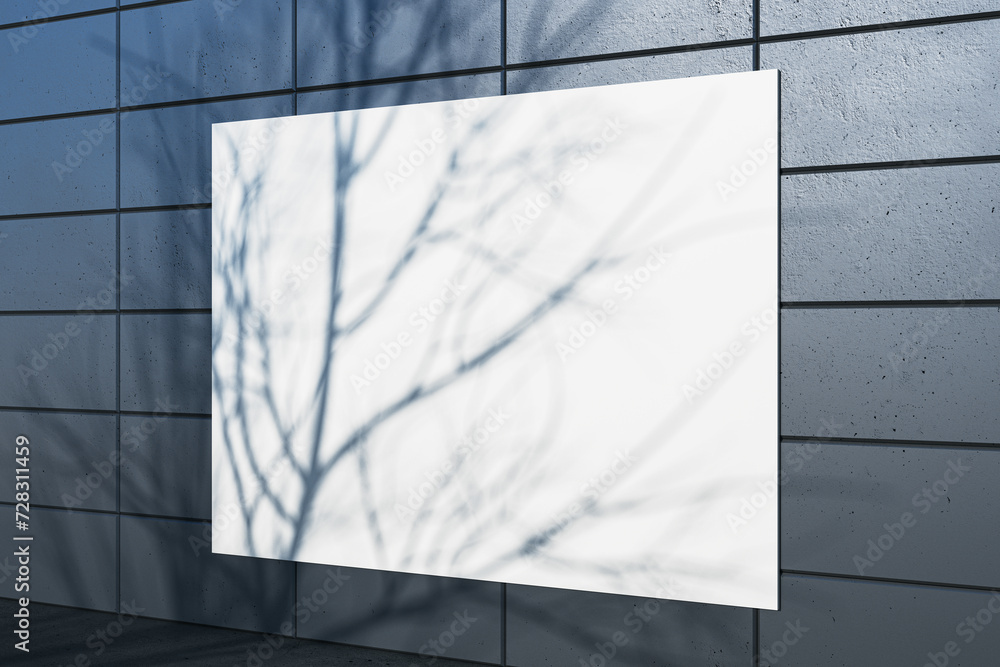 Poster creative outdoor dark tile wall with tree shadow and white mock up billboard. urban design concept. 