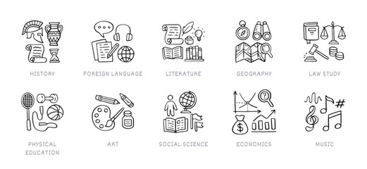 Humanitarian sciences doodle icon set. School subjects - history, language, literature, geography, physical education line hand drawn pictograms