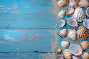 Seashells in the Sand on a blue weathered wood background 