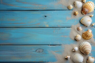 Fototapeta na wymiar Seashells in the Sand on a blue weathered wood background 