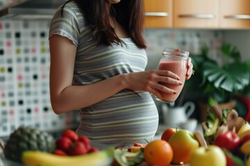 Shot of pregnant woman preparing hersef a healthy smoothie for breakfast. 