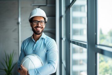 Smiling engineer holding hardhat and standing near window in office  - obrazy, fototapety, plakaty