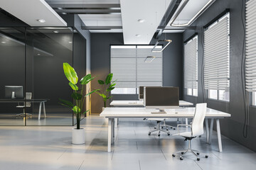 Simple concrete coworking office interior with furniture, equipment, blinds and other items. 3D Rendering.