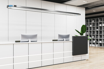 Contemporary office lobby interior with empty black mock up banner, wooden flooring and other items. 3D Rendering.