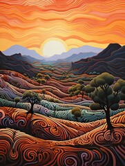 Rolling Hills of the Australian Outback: Vibrant Artistic Depiction of Wavy Outback Terrains