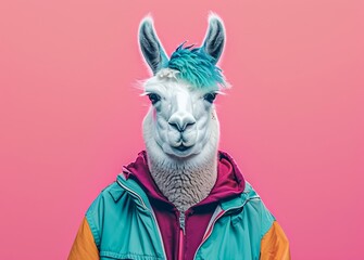 Obraz premium A fashion-forward llama confidently dons a stylish jacket against the iconic backdrop of lady liberty, showcasing the merging of nature and modernity