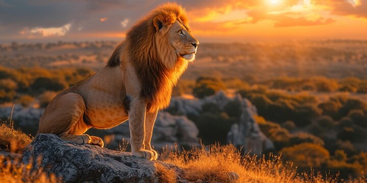 Lion King - A majestic lion stands on a rocky hill, looking out over the landscape, as the sun sets in the background. Generative AI