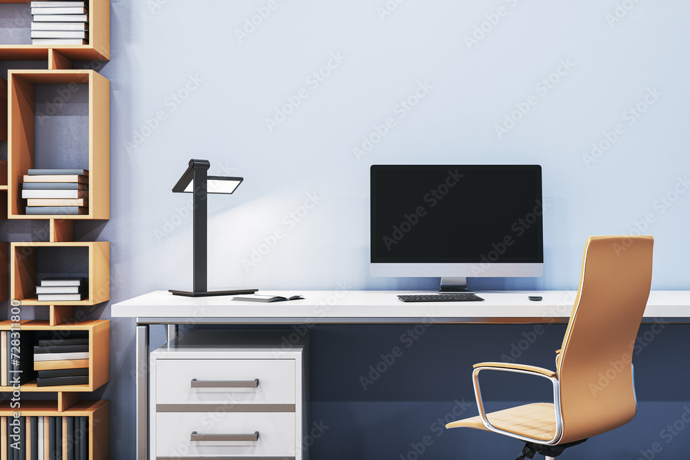 Poster close up of contemporary designer office interior with creative wooden bookcase, empty computer moni