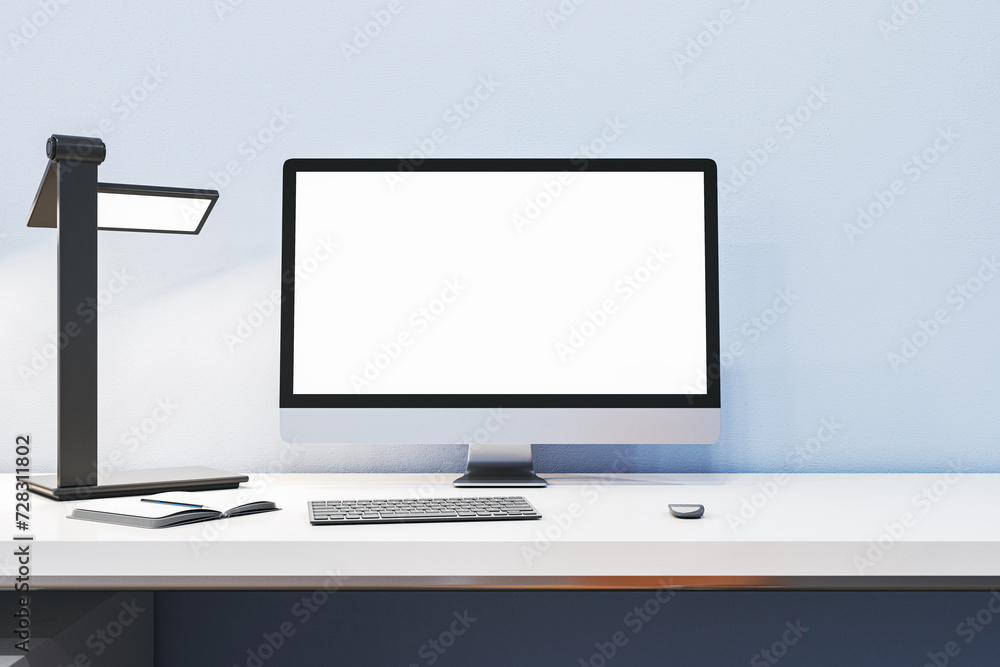Aufkleber Close up of modern designer office interior with empty white computer monitor and other items. Mock up, 3D Rendering.