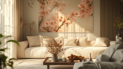 Sunlit modern living room with soft furnishings and spring floral decor, evoking warmth and style