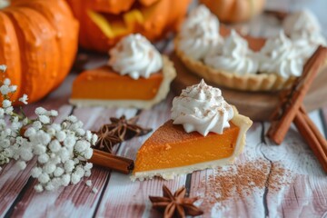 Fototapeta premium Breathe flowers on a wood table background with Pumpkin pie Cheesecake and cinnamon whip cream. There is space for copy. 