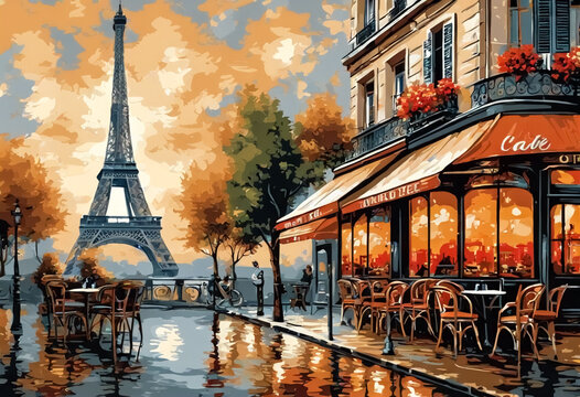 Tela Parigina- Splendido Dipinto di un Café francese con la Torre Eiffel III