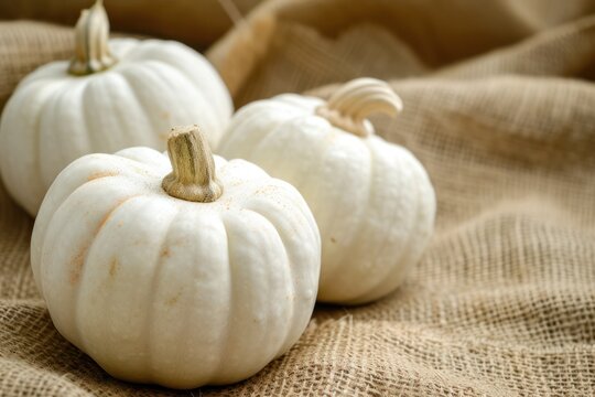 This is a close up photo of three white pumpkins on a burlap potato sack background. 