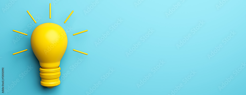 Aufkleber abstract yellow light bulb on wide blue background with mock up place. idea, creativity and innovati