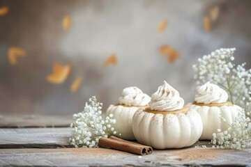 Fototapeta na wymiar This is a close up photo of three white pumpkins with Babys Breath flowers on a wood table background with Pumpkin pie and cinnamon whip cream. 